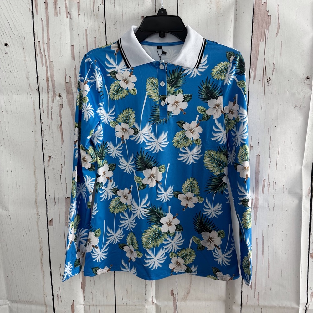 Golf Polo Long Sleeve workout top Blue Floral Small